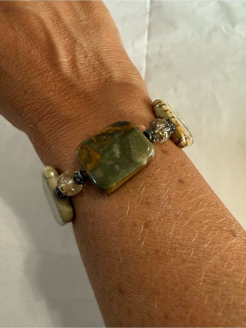 Handcrafted Polished Green and Brown Stone Crystal Bead Toggle Bracelet